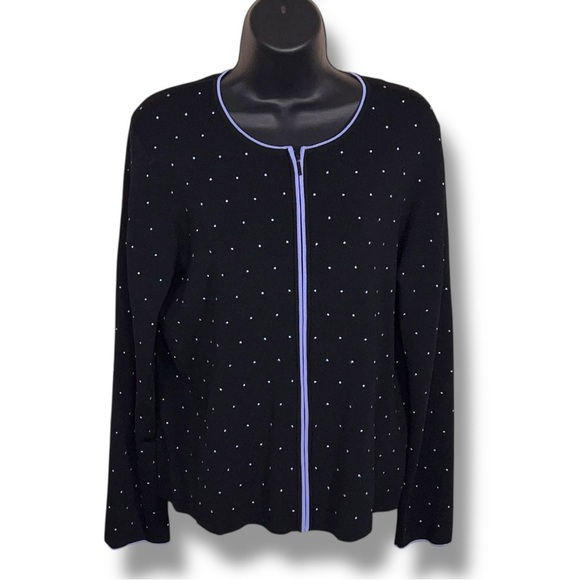 Vintage Large David Brooks Cardigan Sweater Black Lilac Light Purple Dots - Picture 1 of 16